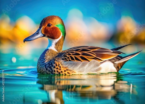 Elegant Bahama Pintail duck glides on water; a summer wildlife portrait. photo