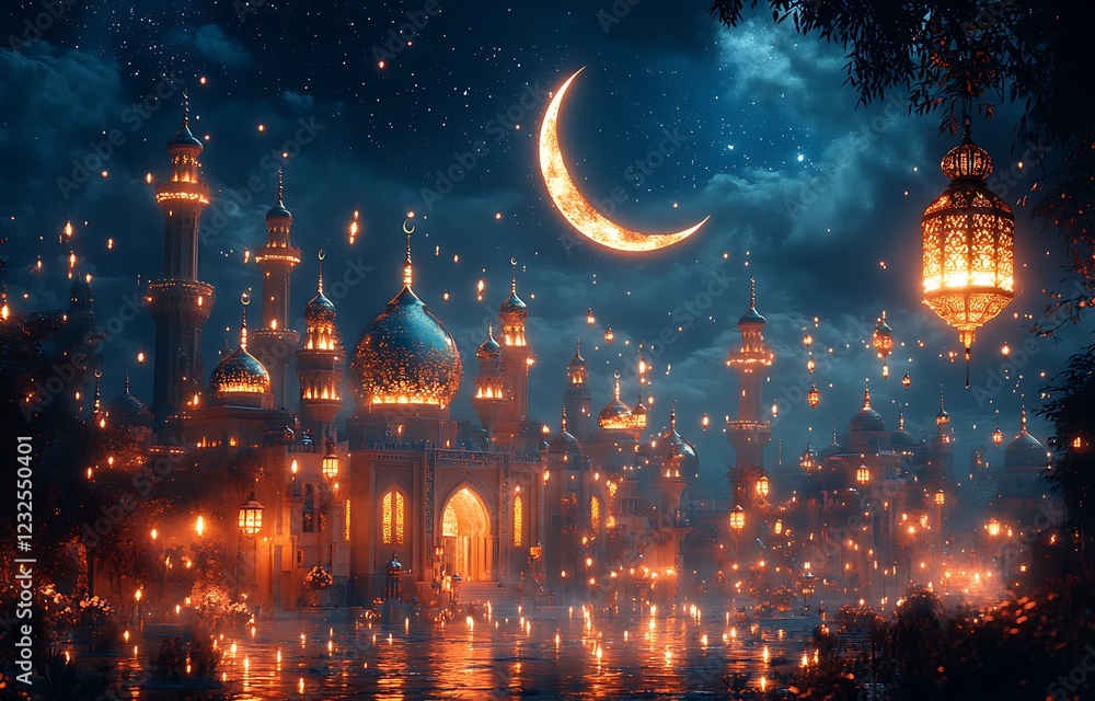 Fototapeta premium Dreamy Nightscape with Illuminated Domed Buildings, Crescent Moon, and Floating Lanterns