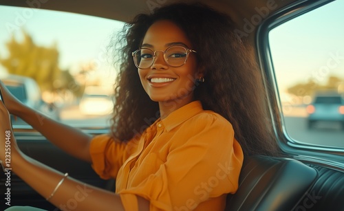 Young woman smiling while driving a classic car on a sunny afternoon in a liv...