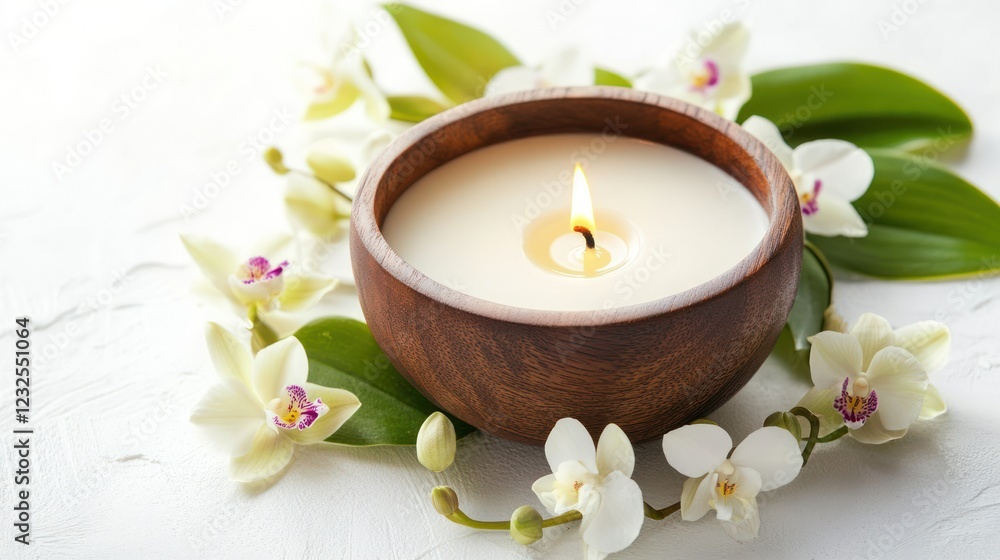 Lit candle in wooden bowl with orchids, relaxation scene, spa treatment Lit candle in wooden bowl with orchids, relaxation scene, spa treatment