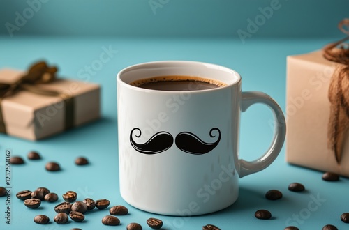 Coffee cup with mustache design on a blue background with coffee beans and gi...
