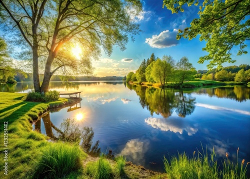 Embrace spring's tranquility; a sunlit lakeside retreat offers panoramic serenity and relaxation.