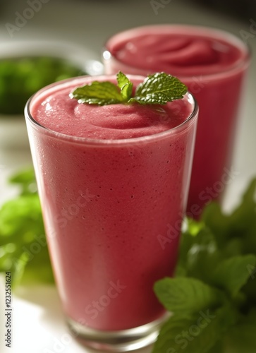 Refreshing berry smoothie served in clear glasses with mint garnish in a brig...