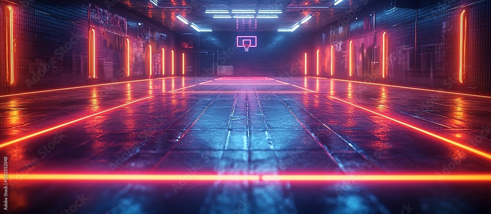 Neon-lit basketball court with reflective floor, showcasing vibrant colors and urban vibe Neon-lit basketball court with reflective floor, showcasing vibrant colors and urban vibe