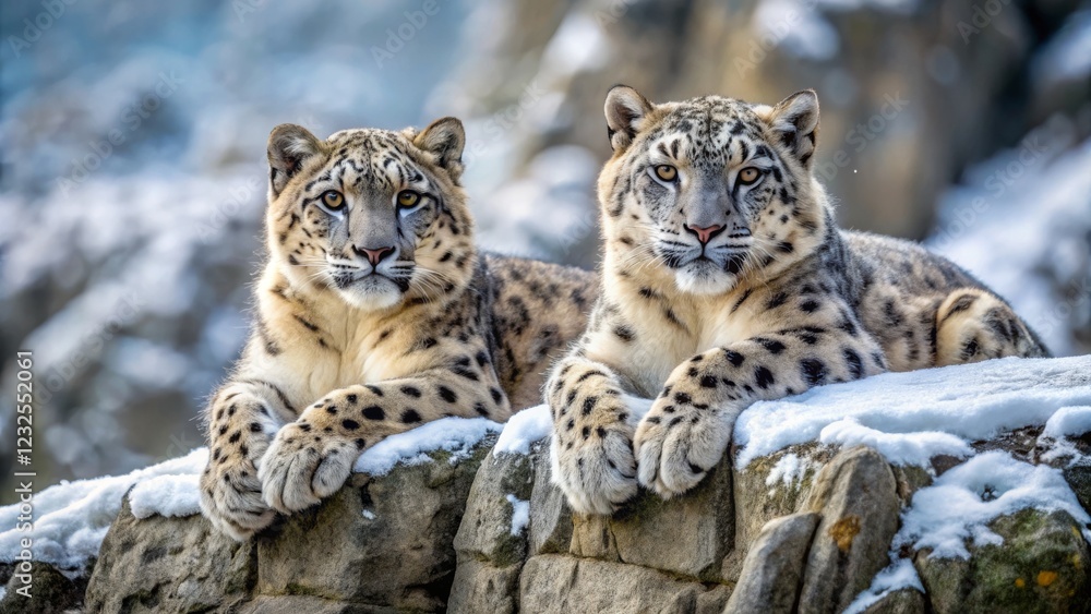 Two Snow Leopards Relaxing on a Rocky Outcrop in Winter Landscape Two Snow Leopards Relaxing on a Rocky Outcrop in Winter Landscape
