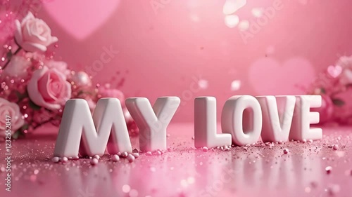 MY LOVE 3D text on pink festive background with hearts and flowers, Valentine's day banner, love, romantic 3D wallpaper, Animated Love greeting card.