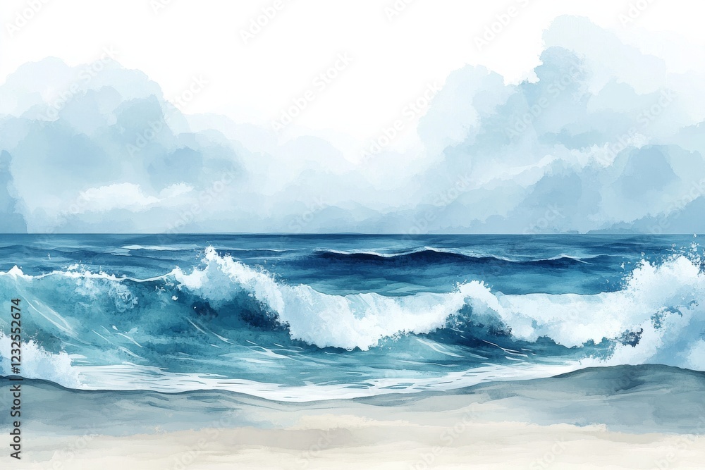 Fototapeta premium Waves crash against the shore under a cloudy sky during early morning hours in a coastal setting