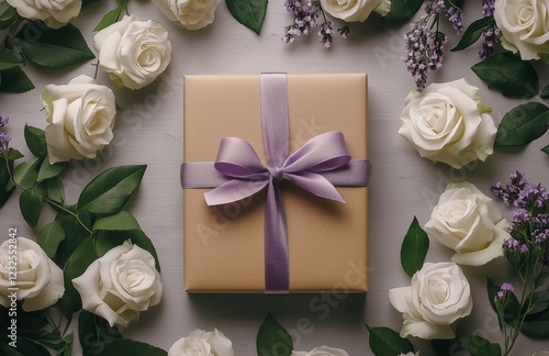 Gift wrapped in brown paper with purple ribbon surrounded by white roses and ...