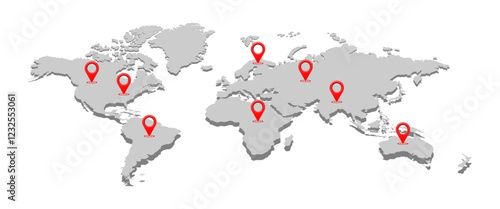 world map with pin location vector illustration isolated on white background.