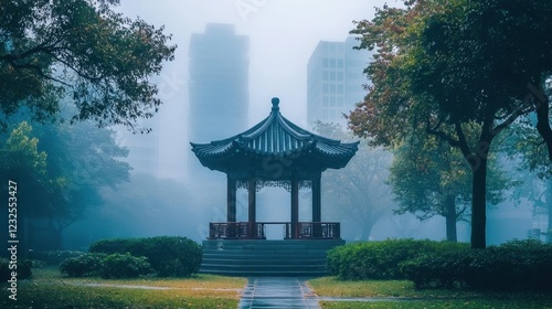 Serene Foggy Landscape with Traditional Pavilion in Urban Park Setting