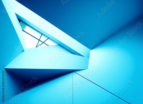 an image of a blue room with a skylight and a window. photo