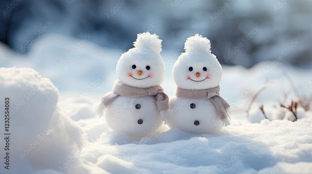 Two Little Snowmen in The Snow With Blurry Background Two Little Snowmen in The Snow With Blurry Background
