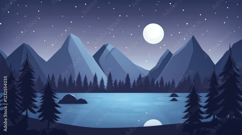 Fototapeta premium Night lake, mountain range, starry sky, calm scene, nature wallpaper