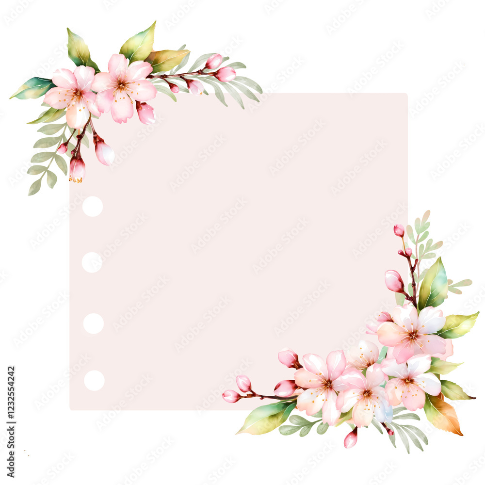 Watercolor pastel pink cherry blossom frame ,paper note isolated on white background Watercolor pastel pink cherry blossom frame ,paper note isolated on white background