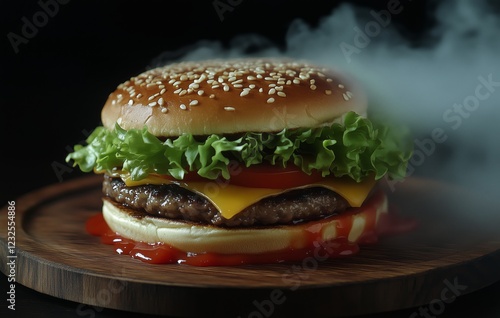 Mouthwatering cheeseburger with lettuce, tomato, and smoke effect on a wooden...