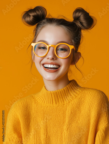 Fröhliche junge Person mit gelber Brille und Dutt-Frisur in orangefarbenem Pullover vor leuchtendem gelben Hintergrund. Authentisches, strahlendes Lächeln im modernen Look photo