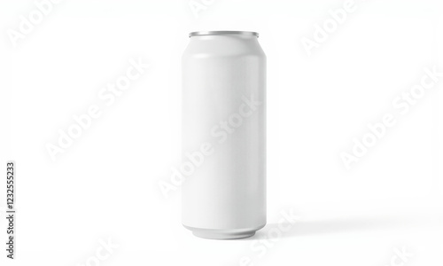 blank white aluminum can standing upright on white background, ideal for branding or product mockups. Perfect for showcasing designs or labels