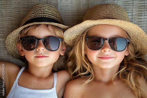 Young children enjoy summer at the beach wearing stylish hats and sunglasses while relaxing in the sun photo