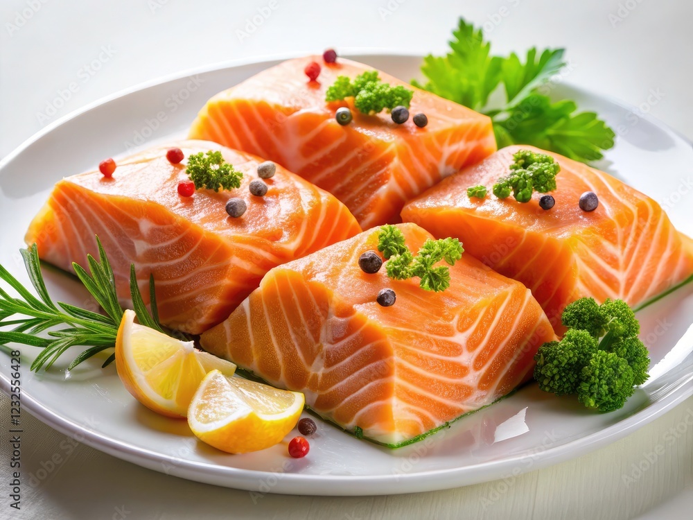 Fresh salmon fillet, expertly prepared, shines on a white plate; a delicious and healthy dinner recipe. Fresh salmon fillet, expertly prepared, shines on a white plate; a delicious and healthy dinner recipe.