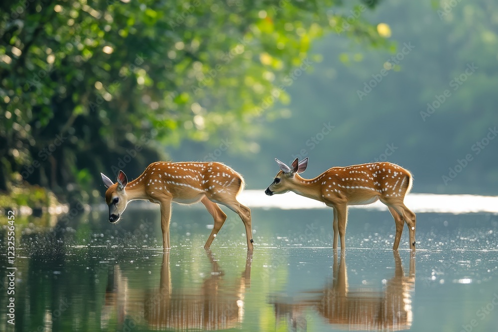 Two fawns exploring a tranquil riverbank during a sunny afternoon in a lush forest setting Two fawns exploring a tranquil riverbank during a sunny afternoon in a lush forest setting