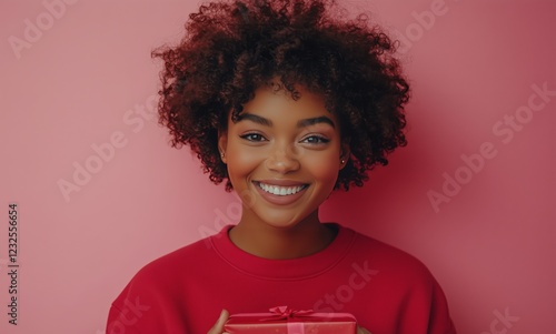 Woman with curly hair smiling while holding a gift against a pink background