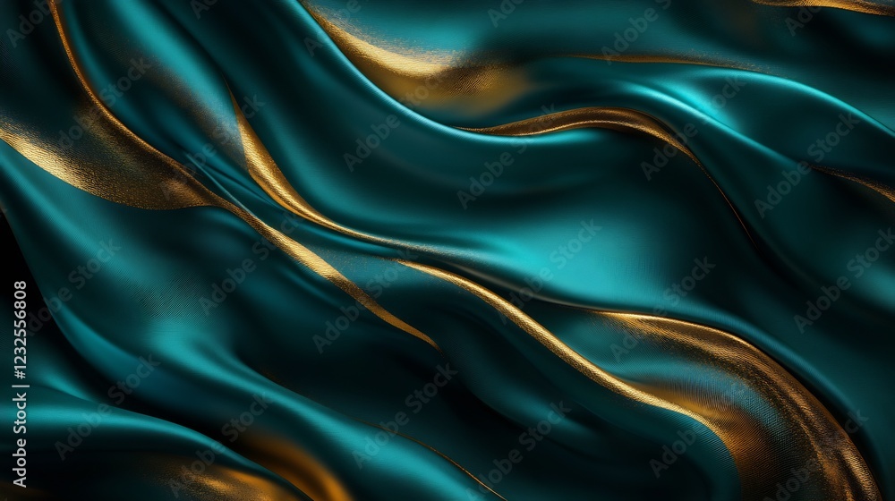 Fototapeta premium Teal and gold silk drapes elegantly swirl creating rich luxurious texture. AI Generated