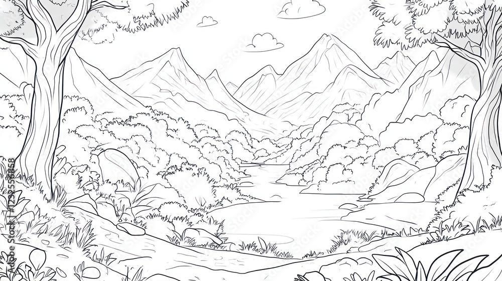 Fototapeta premium Serene mountain river valley landscape, peaceful nature scene, coloring book page