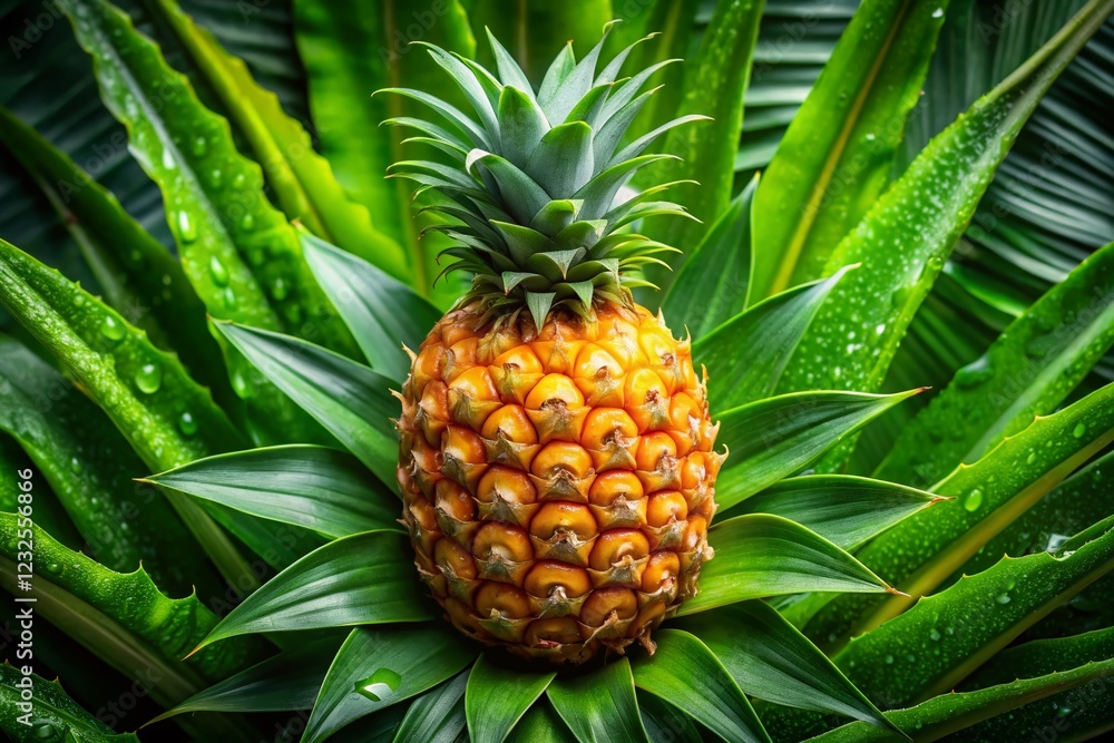 Juicy Pineapple with Tropical Leaves and Dew Drops - Fresh Summer Fruit Stock Photo Juicy Pineapple with Tropical Leaves and Dew Drops - Fresh Summer Fruit Stock Photo
