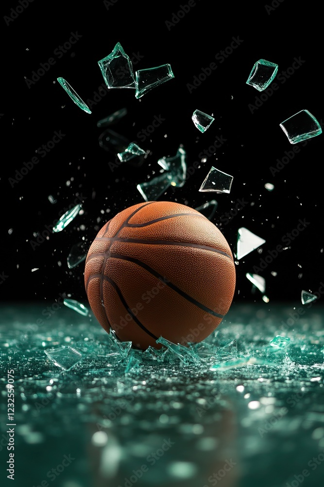 Obraz premium A basketball shatters glass as it strikes the ground, capturing a dynamic moment of energy and impact against a dark backdrop.
