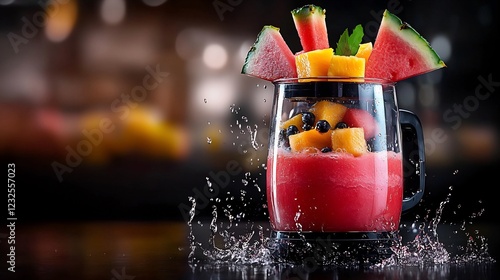 Close-up of a Vibrant Fruit Smoothie in a Blender photo