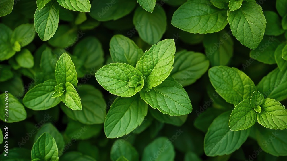 Fresh Green Mint Leaves, Top View, Vibrant Natural Background Fresh Green Mint Leaves, Top View, Vibrant Natural Background