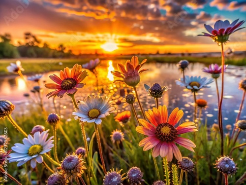 Kakadu Sunset Macro: Floodplain Wildflowers at Golden Hour, Northern Territory, Australia photo