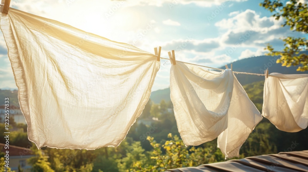 Sunlit White Fabrics Hanging on Line in Scenic Outdoor Setting Sunlit White Fabrics Hanging on Line in Scenic Outdoor Setting