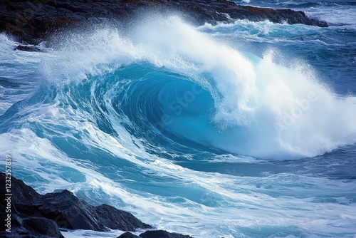 Fototapeta Naklejka Na Ścianę i Meble -  A swirling ocean wave crashing against rocks, capturing the fluidity and movement of the sea