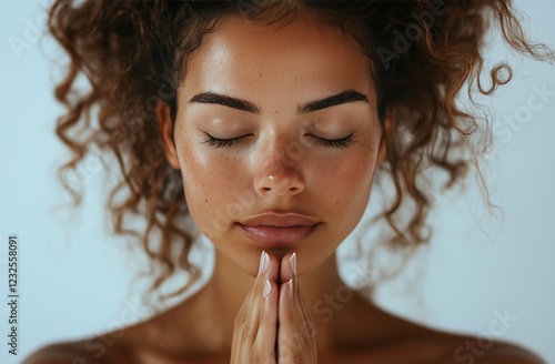 Woman with curly hair practicing mindfulness in a serene indoor environment