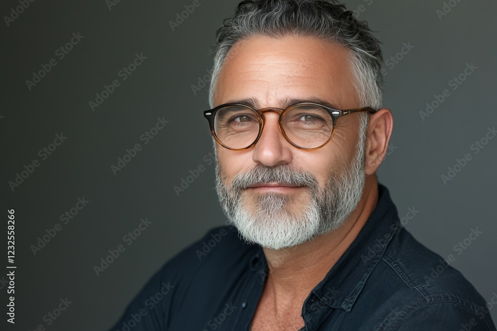 Mature man with glasses and a beard poses confidently against a neutral background in a portrait style Mature man with glasses and a beard poses confidently against a neutral background in a portrait style