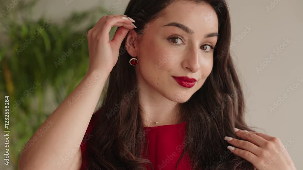 An attractive brunette woman with bright red lipstick and a stylish red dress, flirting and looking at the camera in a homely setting. An attractive brunette woman with bright red lipstick and a stylish red dress, flirting and looking at the camera in a homely setting.