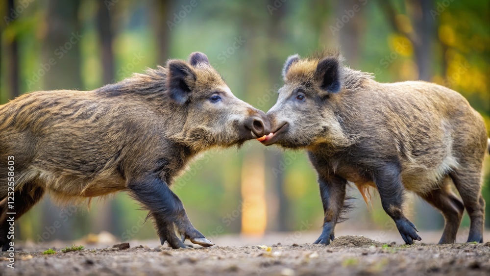 Two Wild Boars Playfully Interacting in Forest Environment Two Wild Boars Playfully Interacting in Forest Environment
