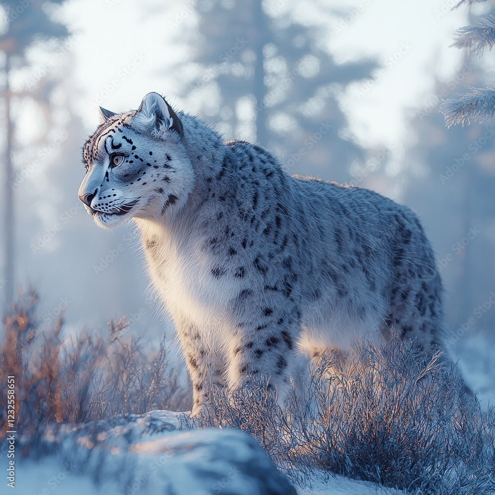 Obraz premium Majestic Snow Leopard Stands Out in Serene Winter Wonderland Scene Frozen Mountains and Snowy Trees Surrounding Wildlife Conservation Focus