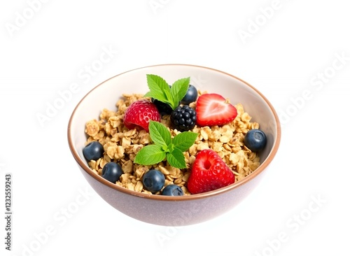 an image of a bowl of cereal with berries and mint leaves. photo