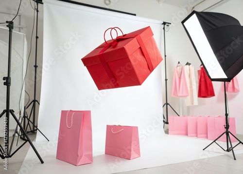 Levitating Red Gift Box & Pink Shopping Bags - Surreal Product Photography