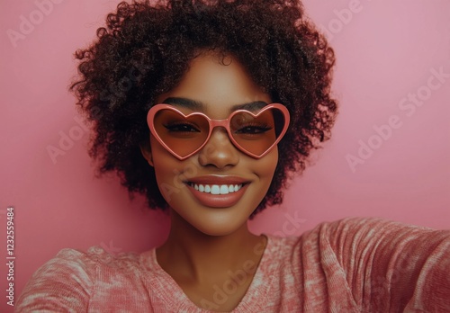 Smiling woman shows off pink heart-shaped sunglasses against a vibrant pink b...