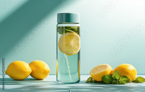 Refreshing lemon and mint beverage in a clear bottle surrounded by fresh lemons