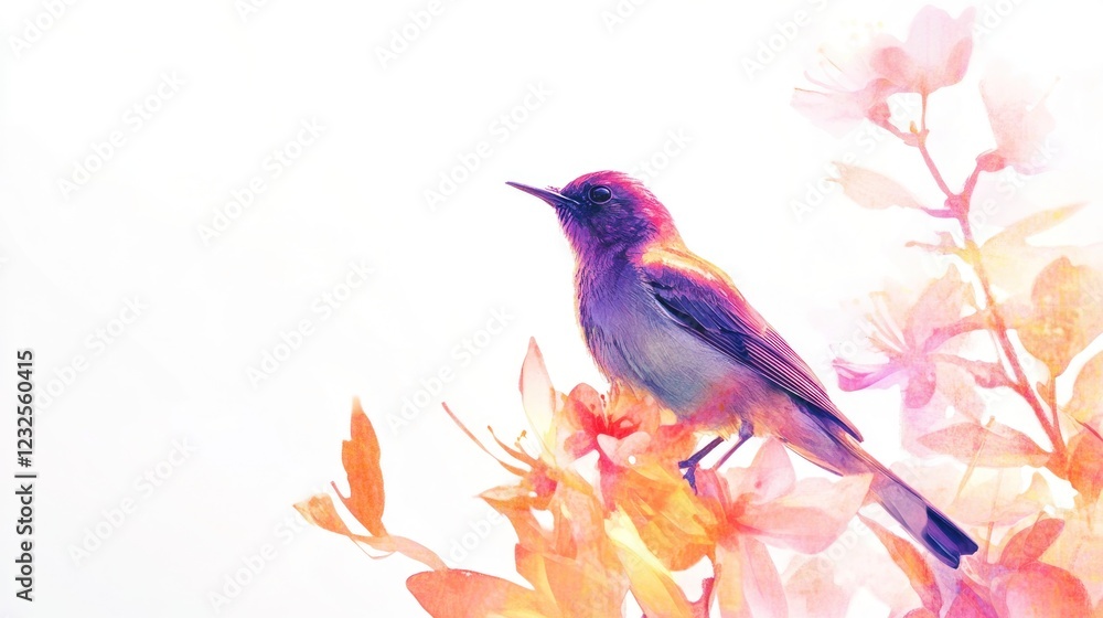 Fototapeta premium Colorful bird perched on blooming branch, spring, nature, peaceful background, ideal for cards