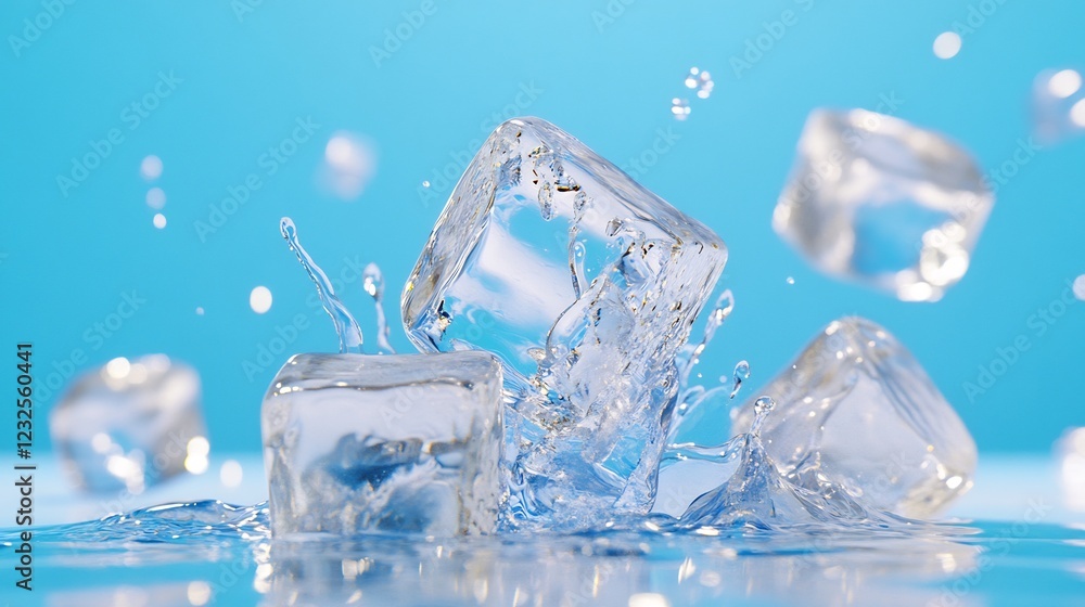 Ice cubes splashing in water, blue background, refreshing drink Ice cubes splashing in water, blue background, refreshing drink