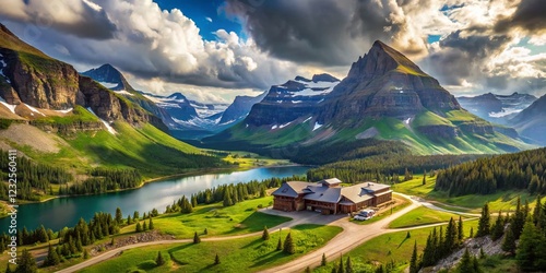 Logan Pass Visitor Center Sign, Glacier National Park, Montana - Sunny Summer Day Scenic View photo