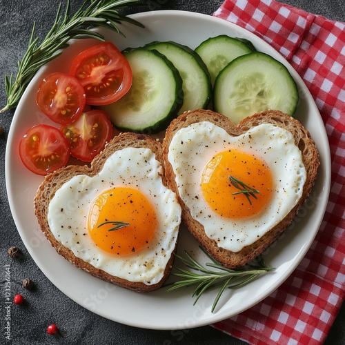 Heart-shaped eggs on toast with fresh vegetables served on a white plate