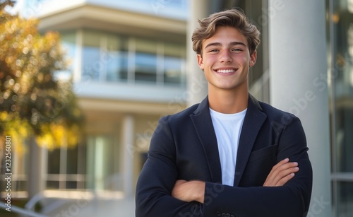 Young man smiling confidently outdoors with modern architecture in background...