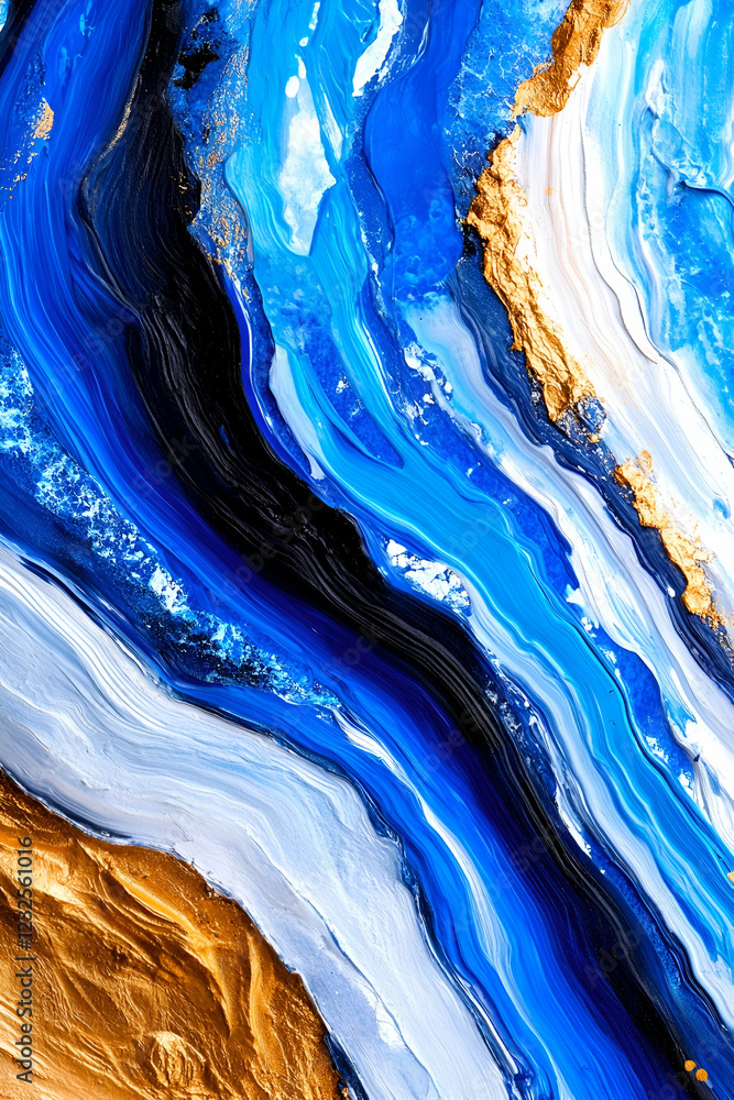 A vibrant abstract painting featuring swirling waves of blue, white, and gold, creating a mesmerizing, textured visual effect. A vibrant abstract painting featuring swirling waves of blue, white, and gold, creating a mesmerizing, textured visual effect.