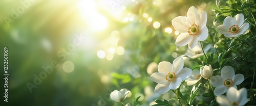 Sunlight shines on blooming white flowers in a vibrant garden during springtime